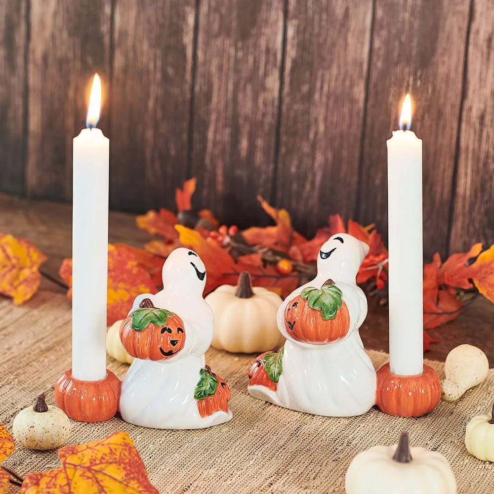 Fitz and Floyd Halloween Pumpkin Ghost Portacandele Set 2 Pezzi