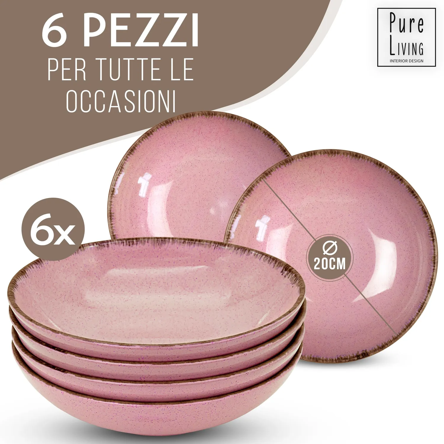 Pure Living Rustic Set 6 Piatti Fondi Rosa 19 cm Steingut