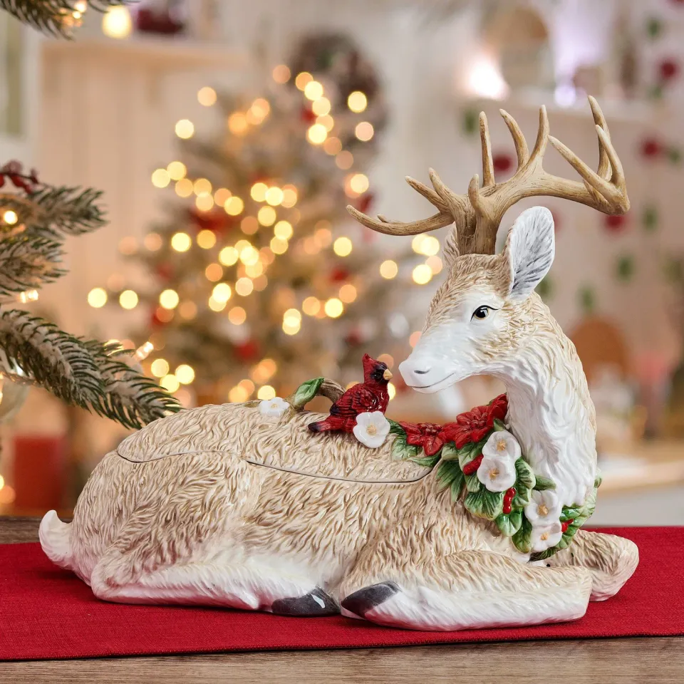 Fitz and Floyd Poinsettia Holiday Deer biscottiera cervo