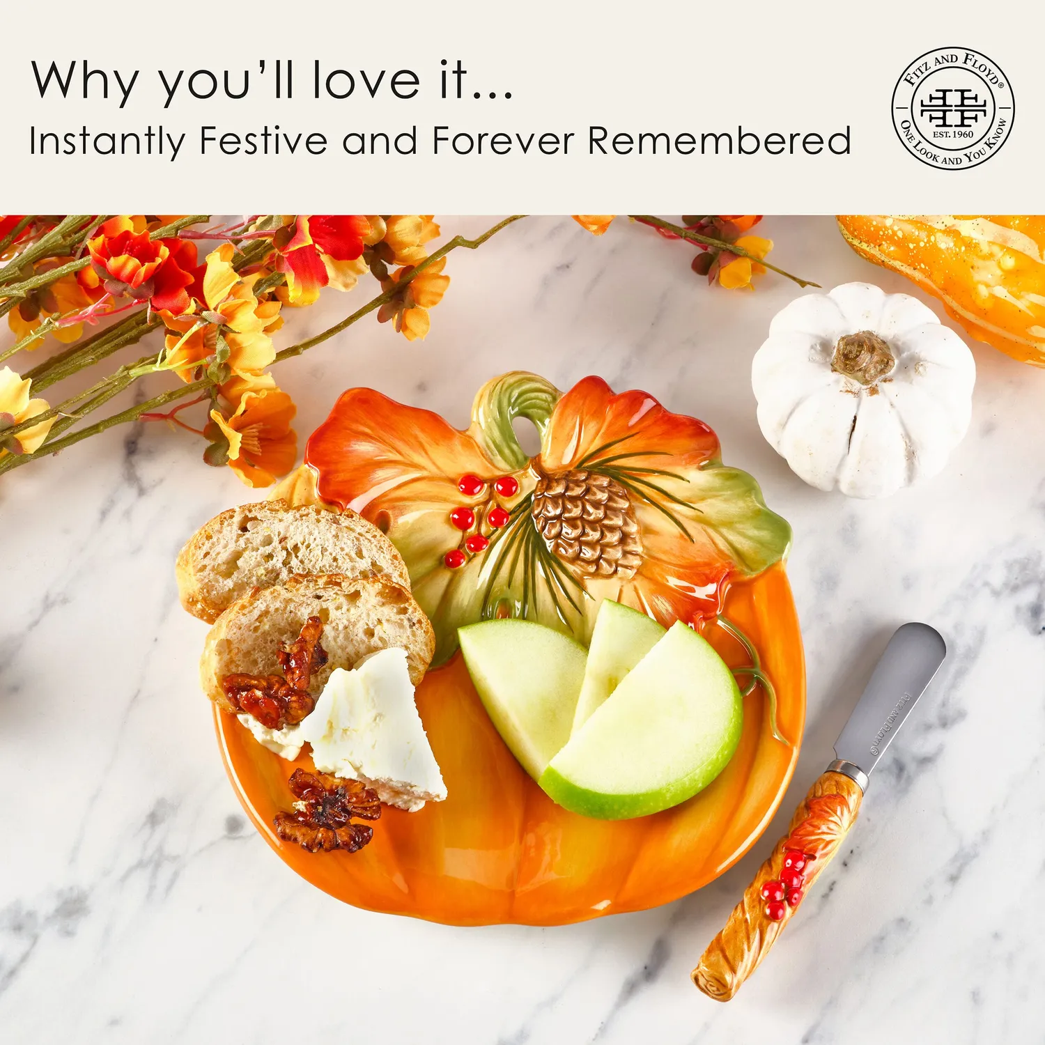 Fitz and Floyd Harvest piatto zucca snack con spalmatore arancione