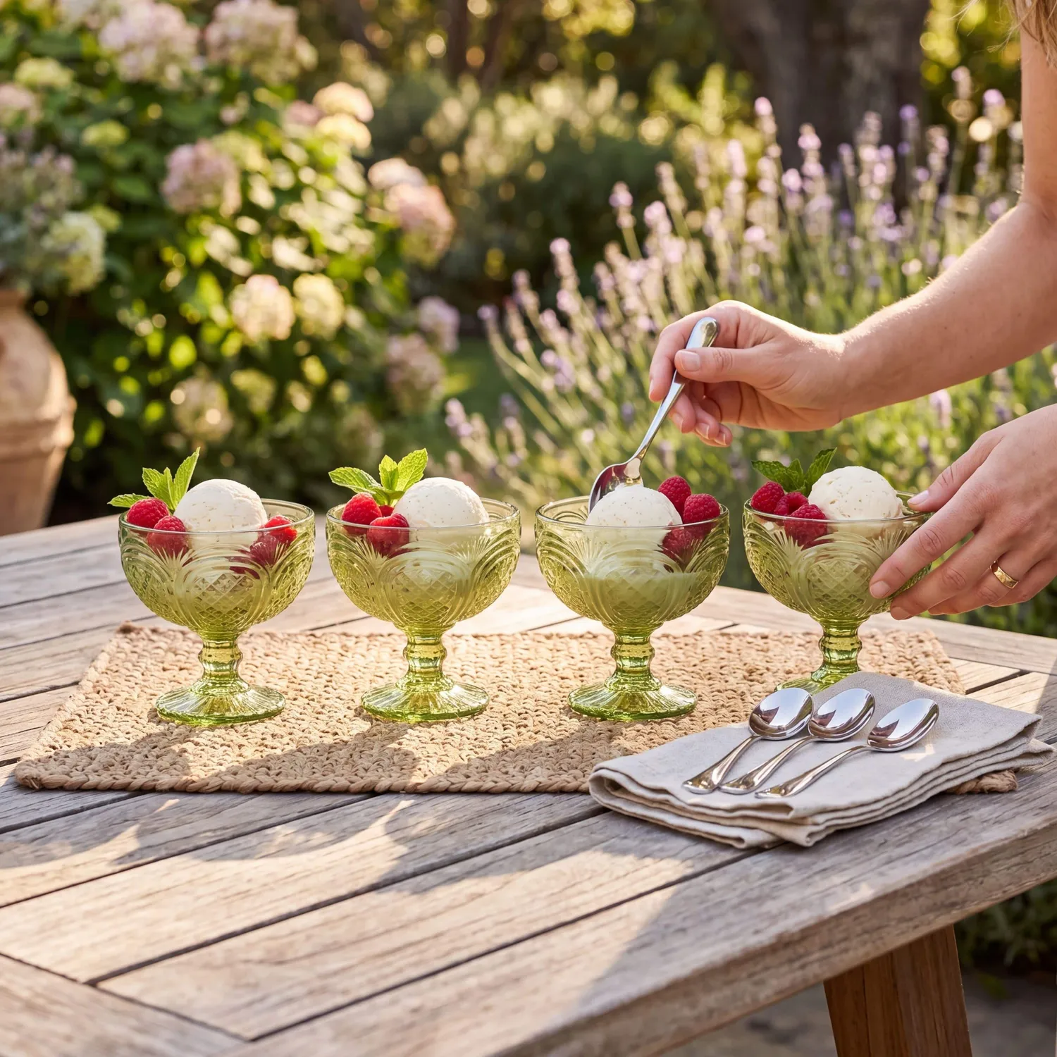 Fitz and Floyd Sicily Green coppe dessert vetro verde set 4