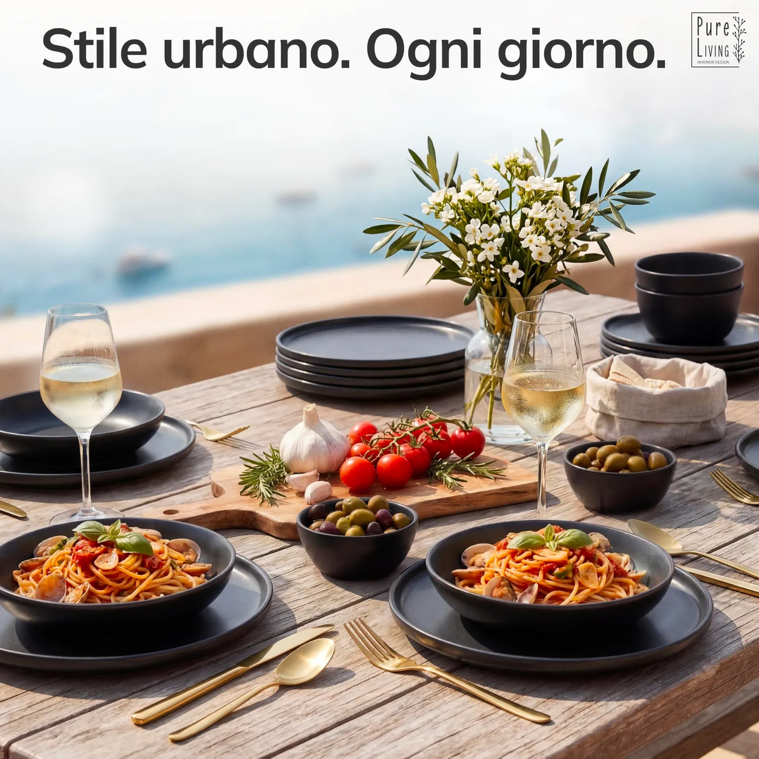 Pure Living Manhattan Servizio Piatti 36 Pezzi Nero Opaco 12 Persone