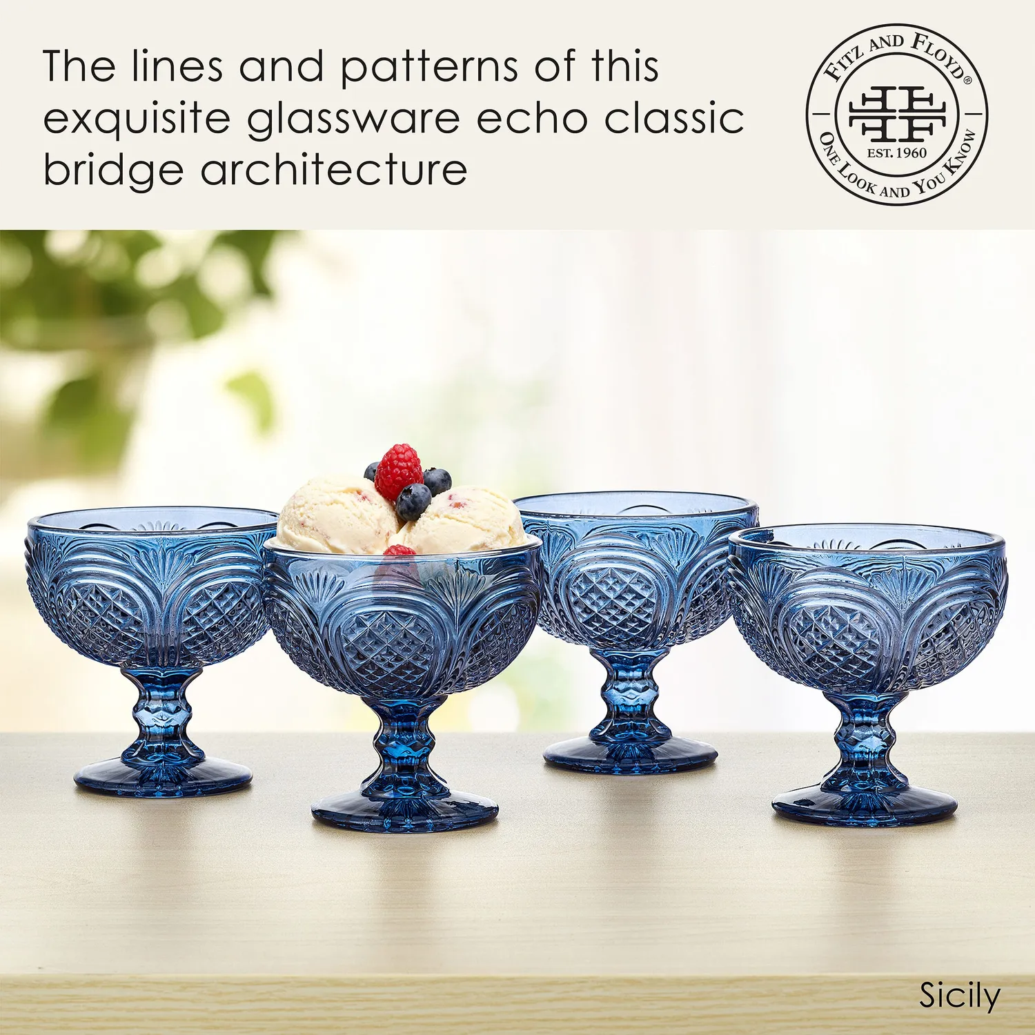 Fitz and Floyd Sicily Blue set 4 ciotole dessert in vetro blu