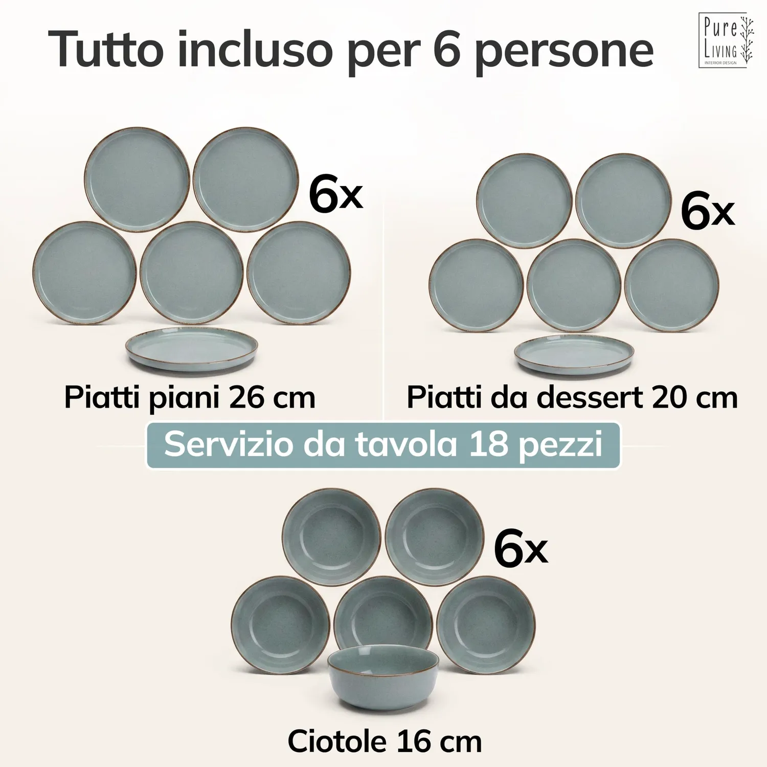 Pure Living Rustic servizio piatti 18 pezzi blu fumo ceramica