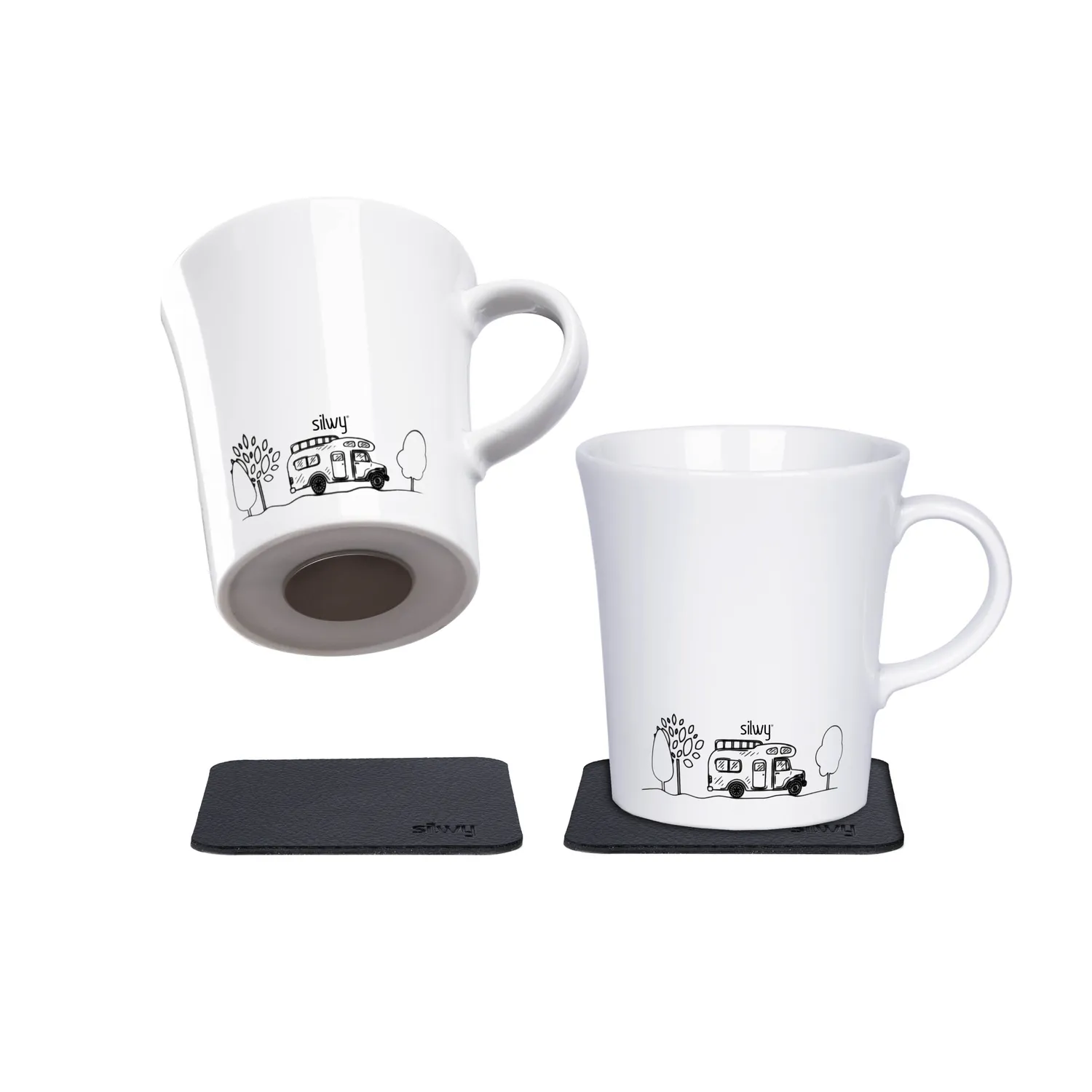 Silwy Campeggio set 2 tazze magnetiche porcellana con pad