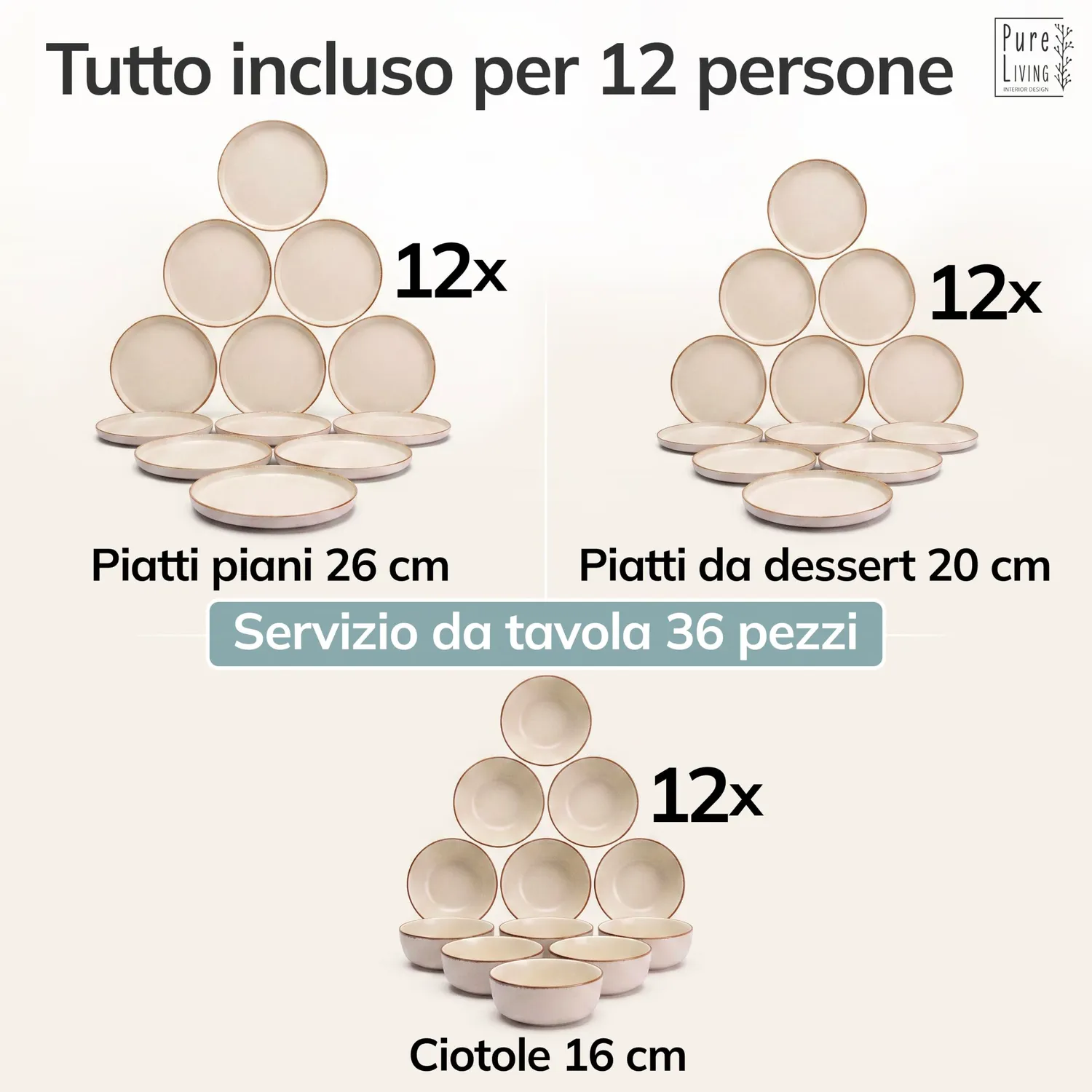 Pure Living Rustic servizio piatti 12 persone 36 pezzi beige