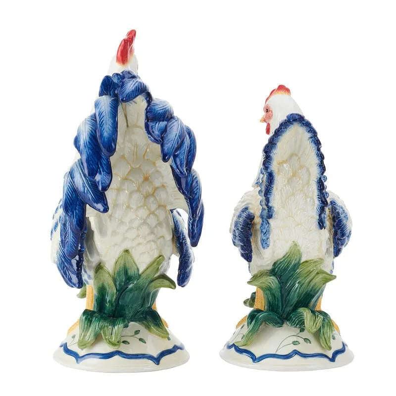Fitz and Floyd Sicily Blue Gallo e Gallina Statuine Set 2 Blu
