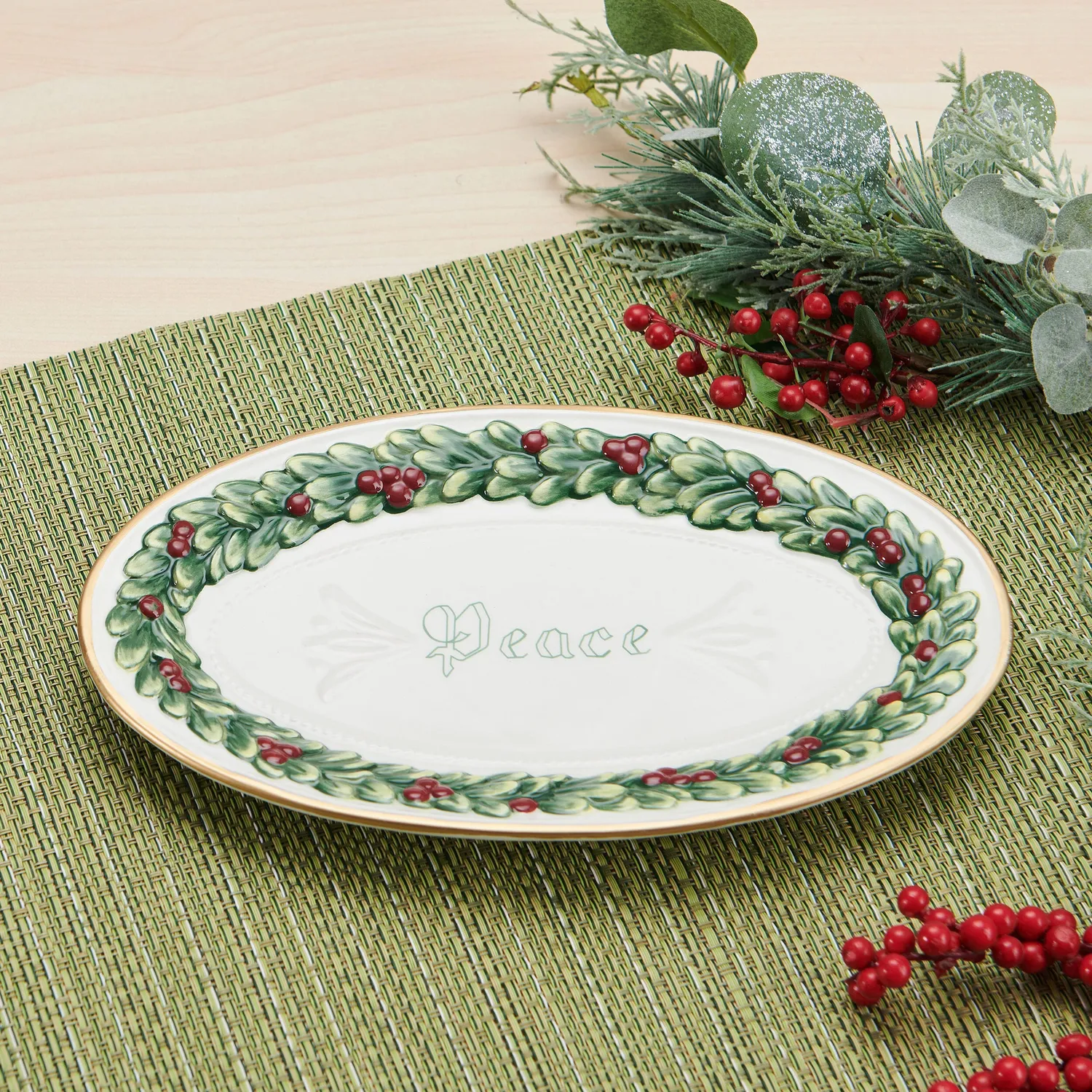 Fitz and Floyd Winter Frost Peace vassoio ovale Natale