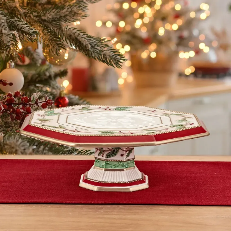 Fitz and Floyd Woodland Holiday alzata torta agrifoglio