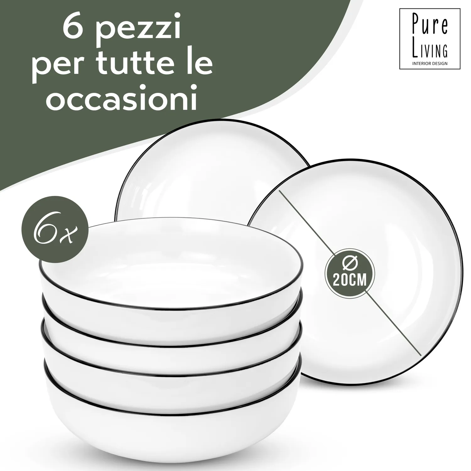 Pure Living Scandi piatti fondi 6 pezzi 22 cm porcellana