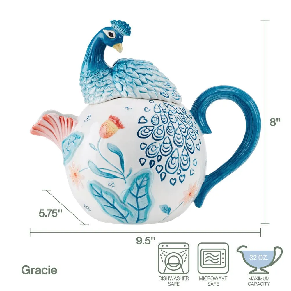 Fitz and Floyd Gracie Teiera Pavone Terracotta Fiori 1 Qt