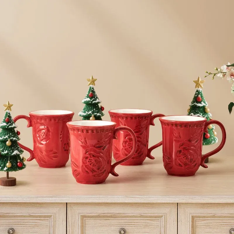 Fitz and Floyd Poinsettia tazze gres rosse set 4