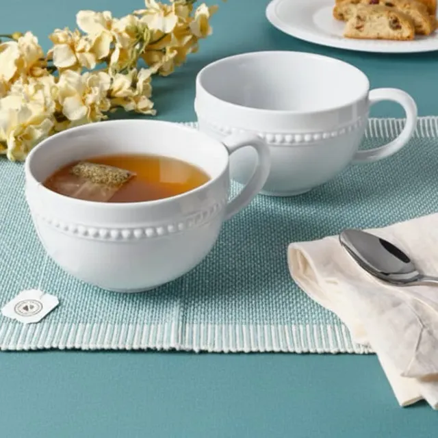 Fitz and Floyd Everyday White Beaded tazze zuppa porcellana 2 pezzi