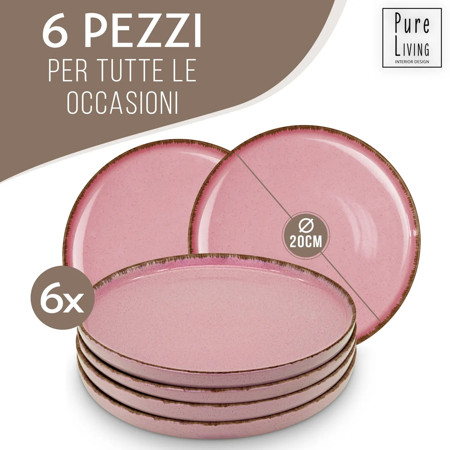 Pure Living Rustic set 6 piatti colazione gres rosa