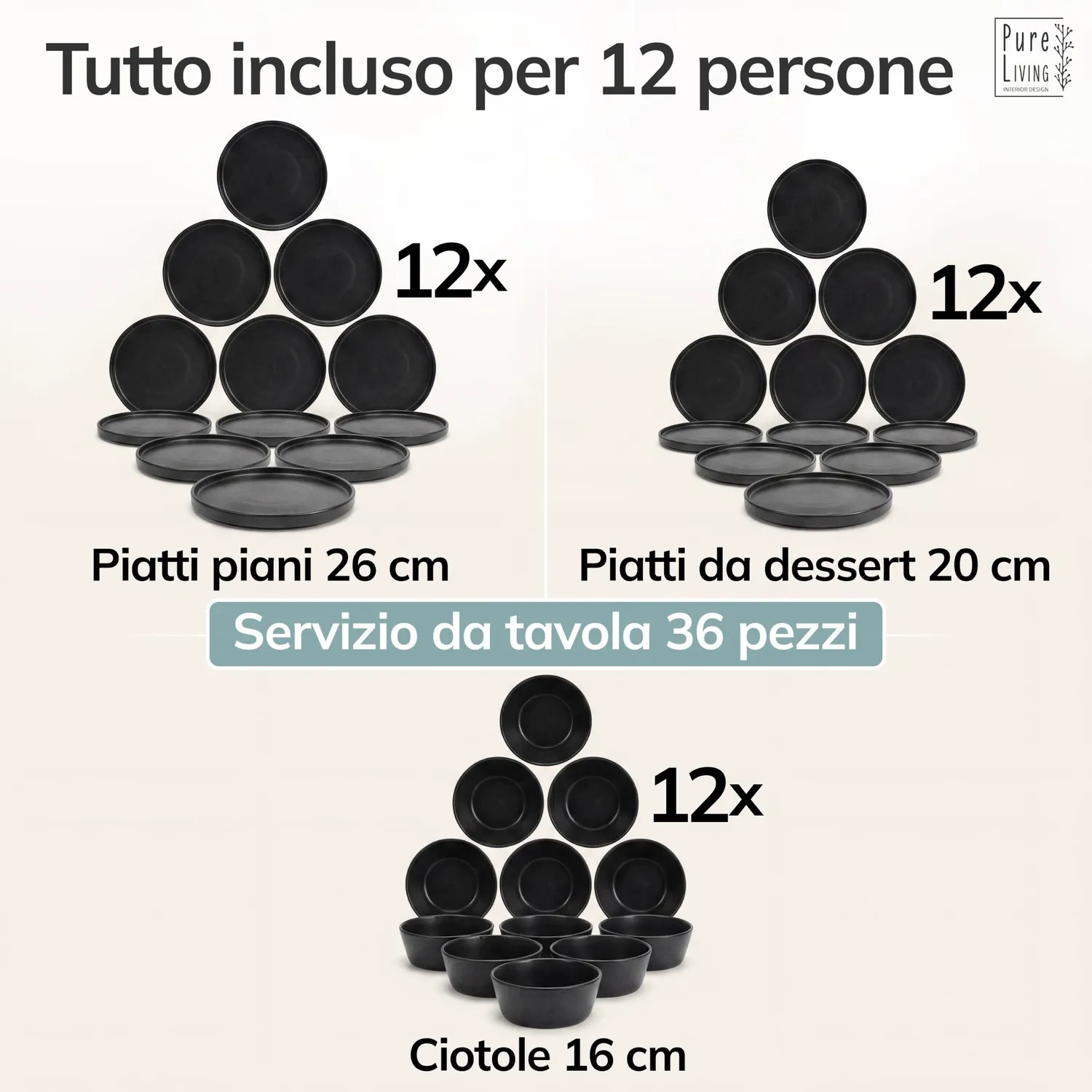 Pure Living Manhattan Servizio Piatti 36 Pezzi Nero Opaco 12 Persone
