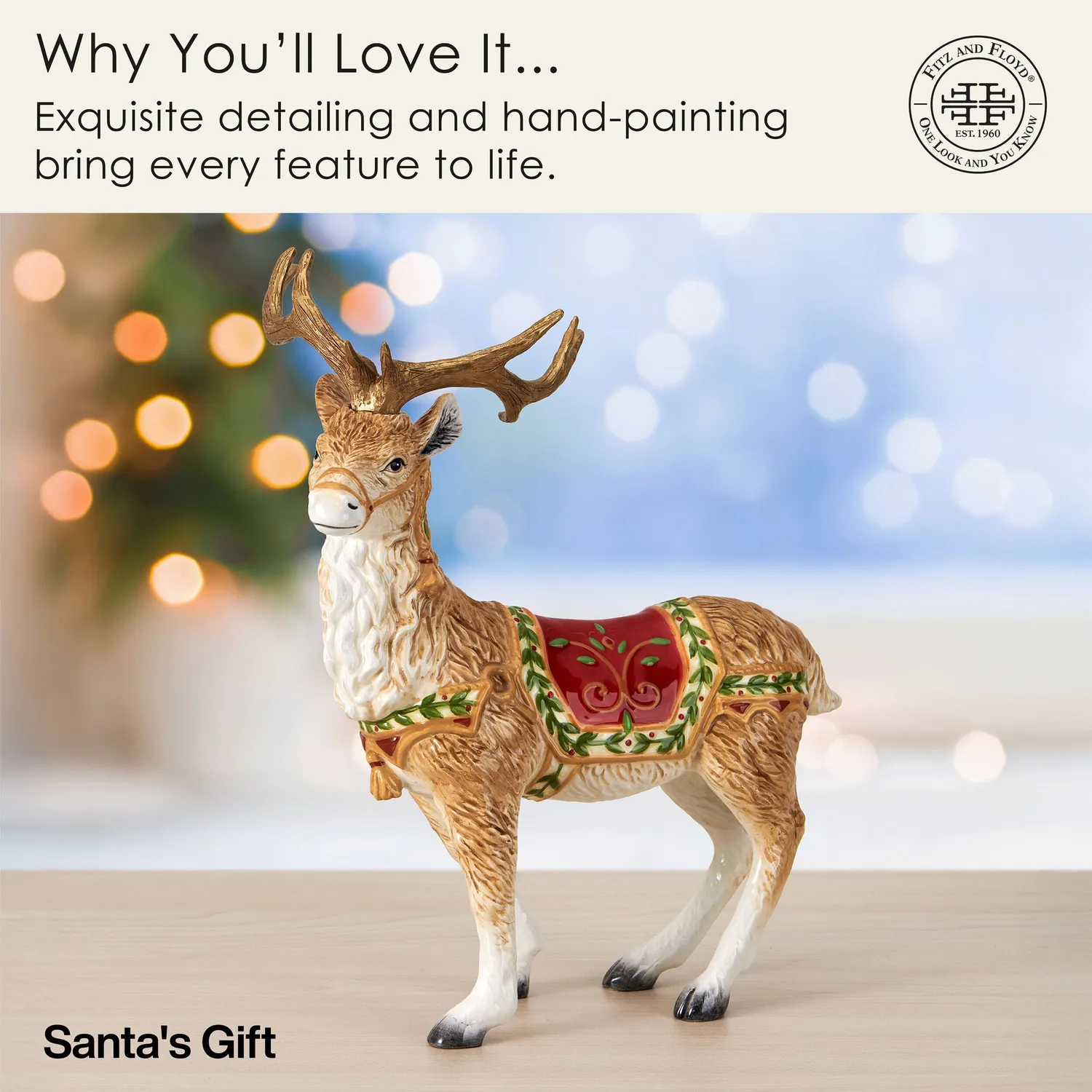 Fitz and Floyd Santa's Gift renna statuetta natale 25 cm terracotta