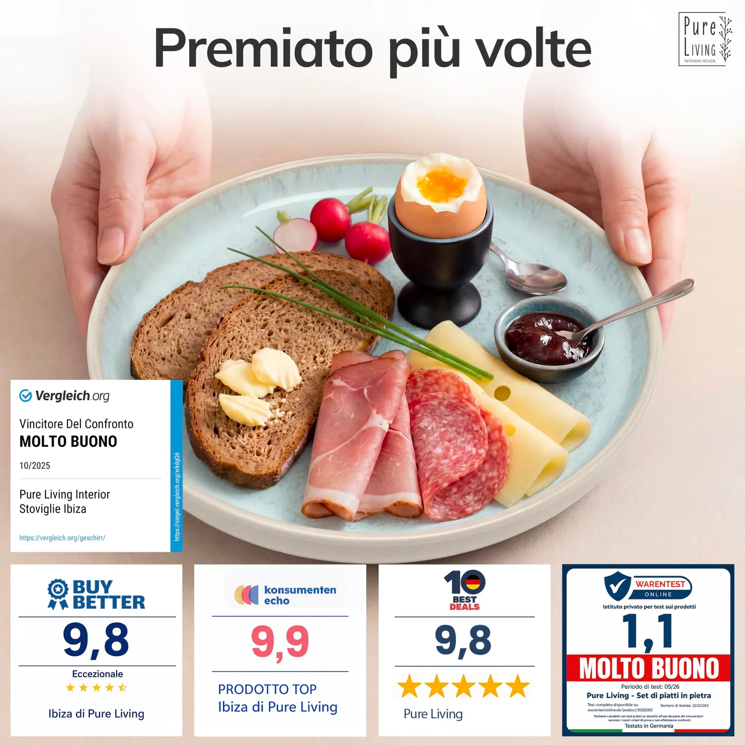 Pure Living Ibiza Set 6 Piatti Dessert Ceramica Beige Blu