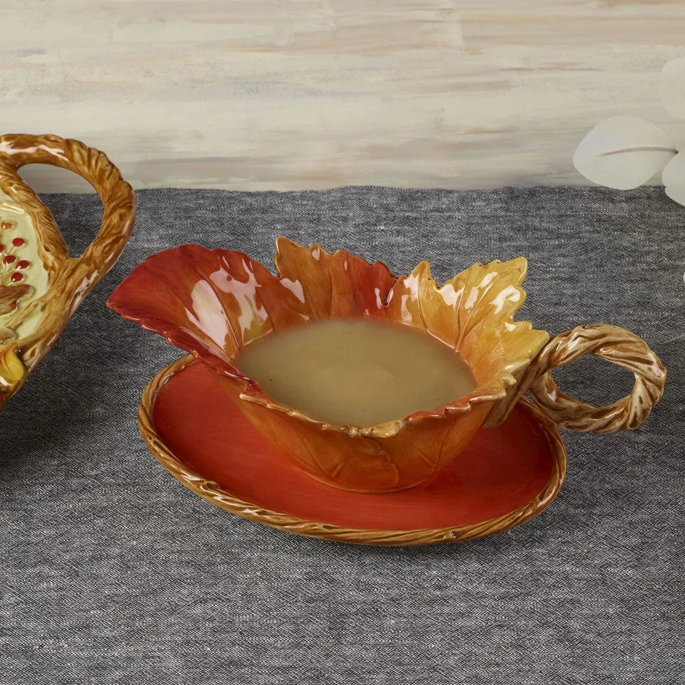 Fitz and Floyd Harvest salsiera foglia con vassoio terracotta
