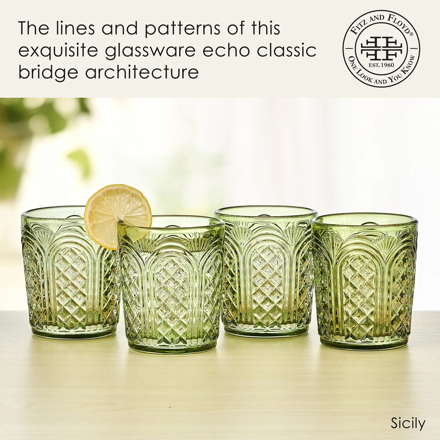 Fitz and Floyd Sicily Green bicchieri whisky vetro verde 4 pz