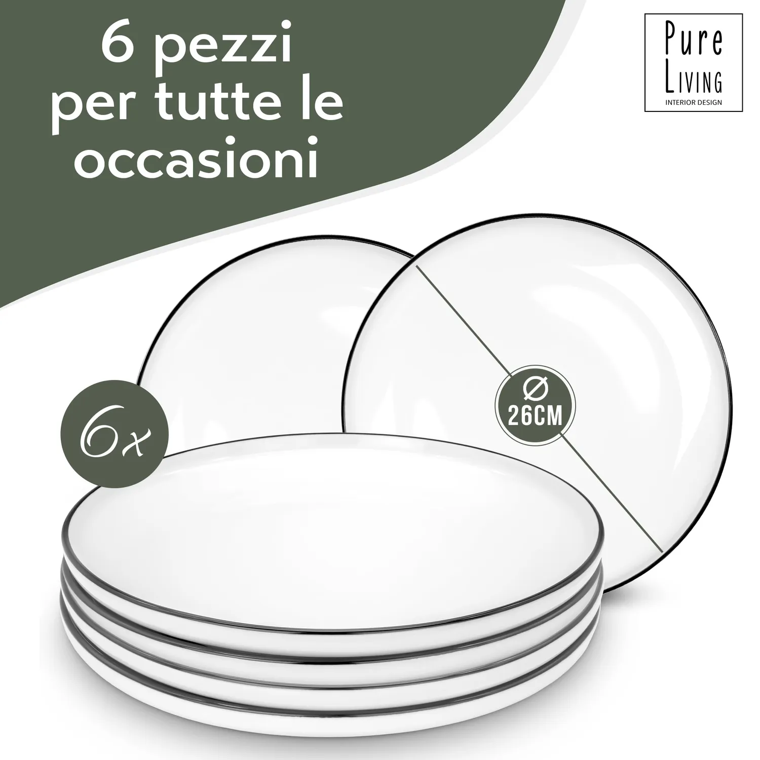 Pure Living Scandi piatti piani 6 pezzi bianchi porcellana
