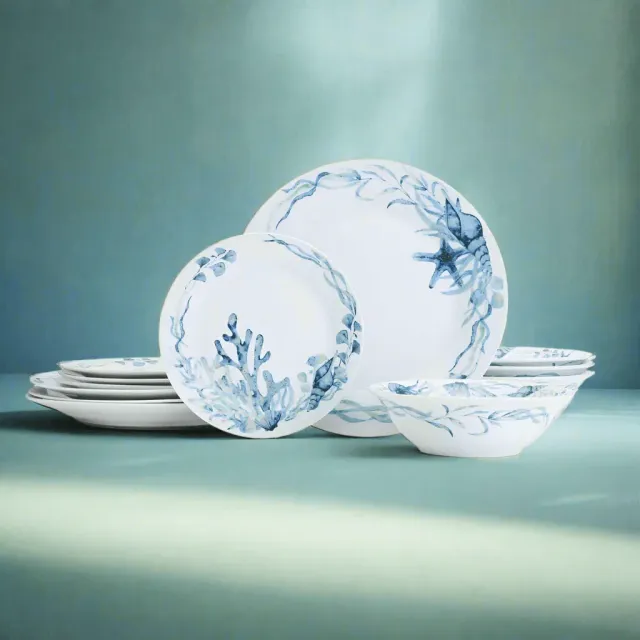 Fitz and Floyd Sanibel Servizio Piatti 12 Pezzi Blu Porcellana