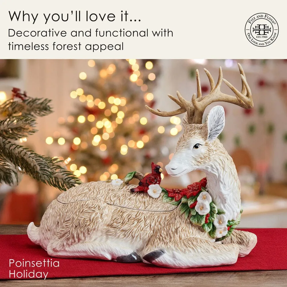 Fitz and Floyd Poinsettia Holiday Deer biscottiera cervo