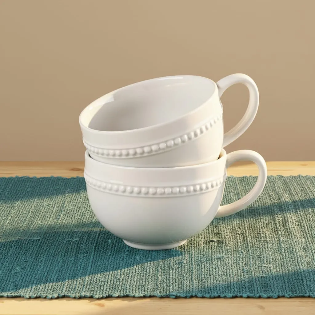 Fitz and Floyd Everyday White Beaded tazze zuppa porcellana 2 pezzi