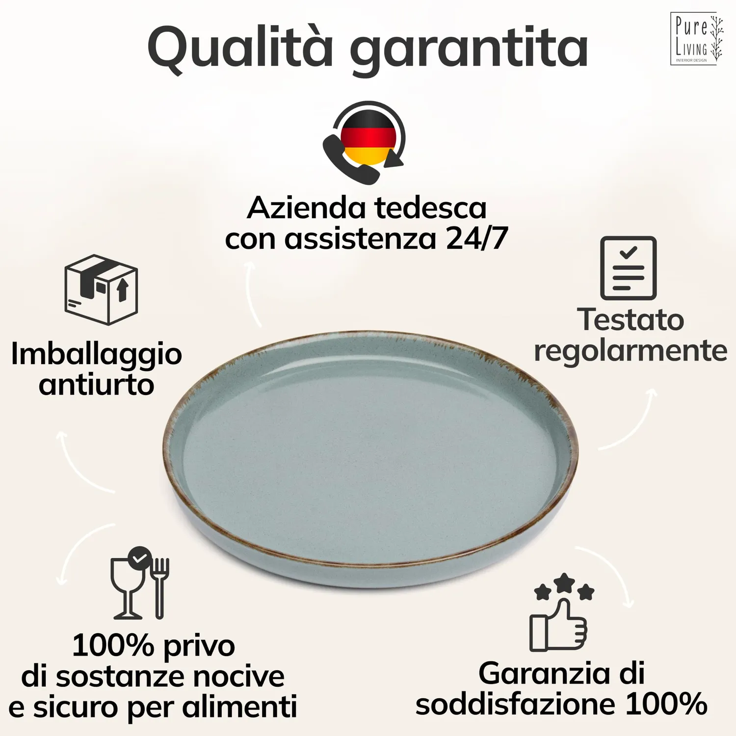 Pure Living Rustic Set 6 Piatti Colazione Blu Fumo Ceramica
