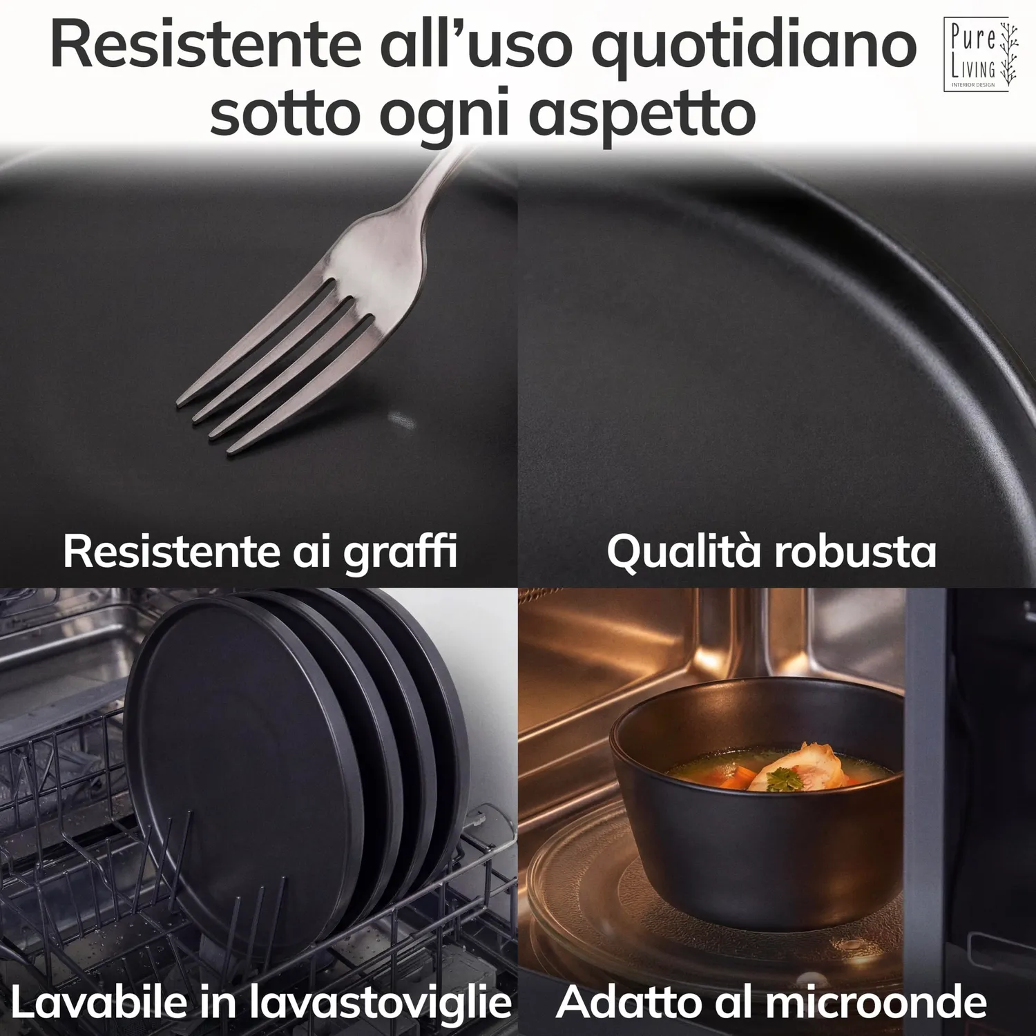Pure Living Manhattan Servizio Piatti 36 Pezzi Nero Opaco 12 Persone