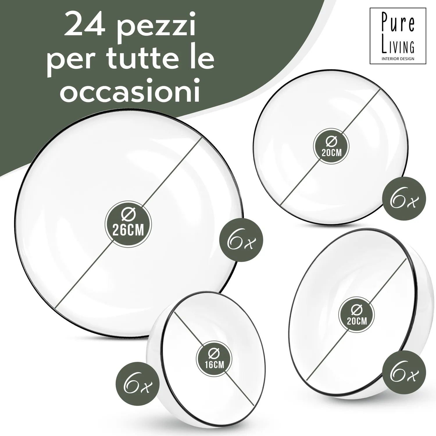 Pure Living Scandi Servizio Piatti 24 Pezzi Porcellana Bianca 6 Persone