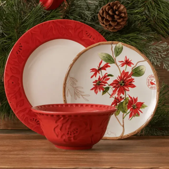 Fitz and Floyd Poinsettia Holiday servizio piatti 12 pezzi rosso per 4