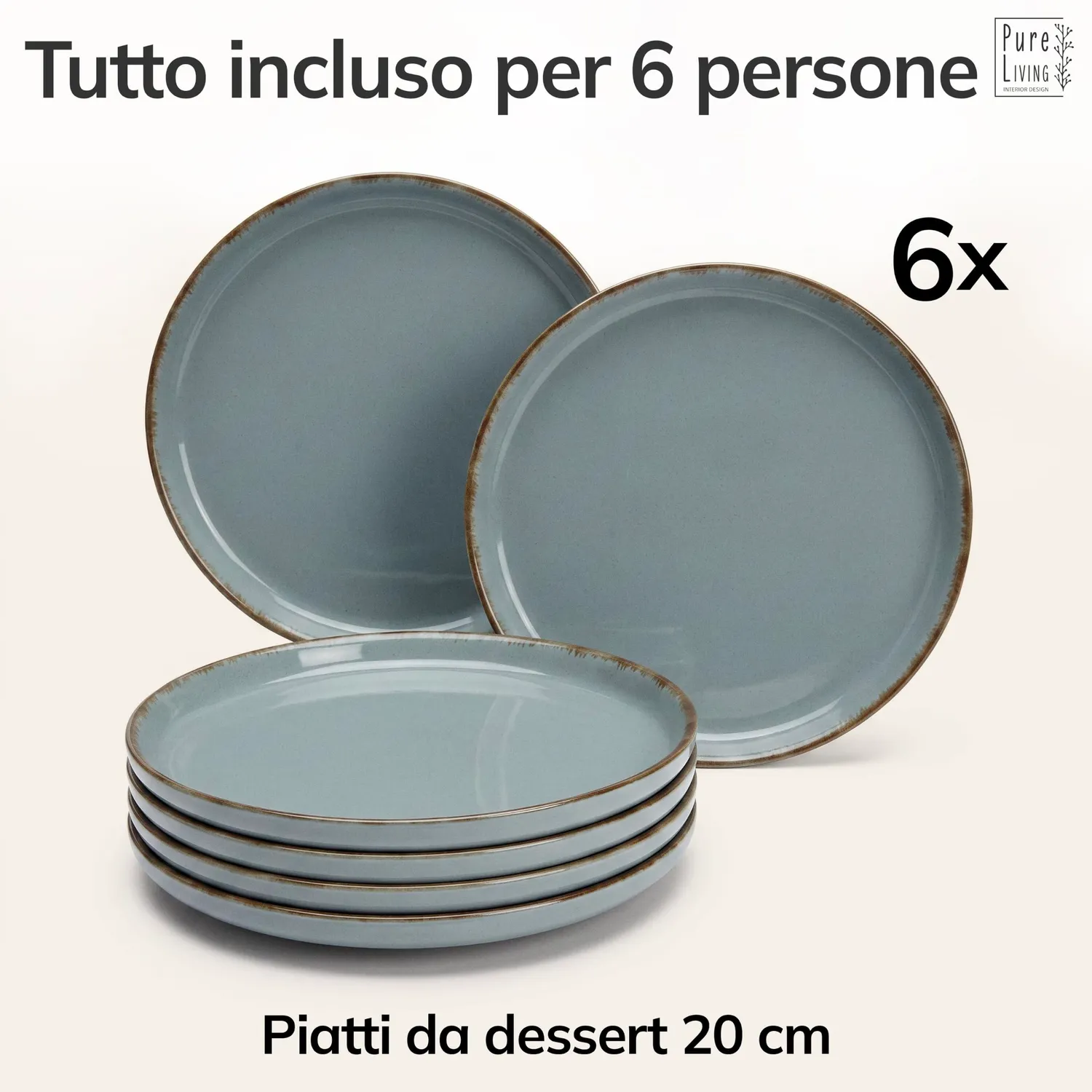 Pure Living Rustic Set 6 Piatti Colazione Blu Fumo Ceramica