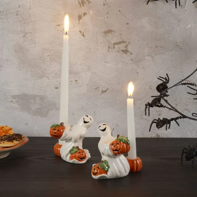 Fitz and Floyd Halloween Pumpkin Ghost Portacandele Set 2 Pezzi