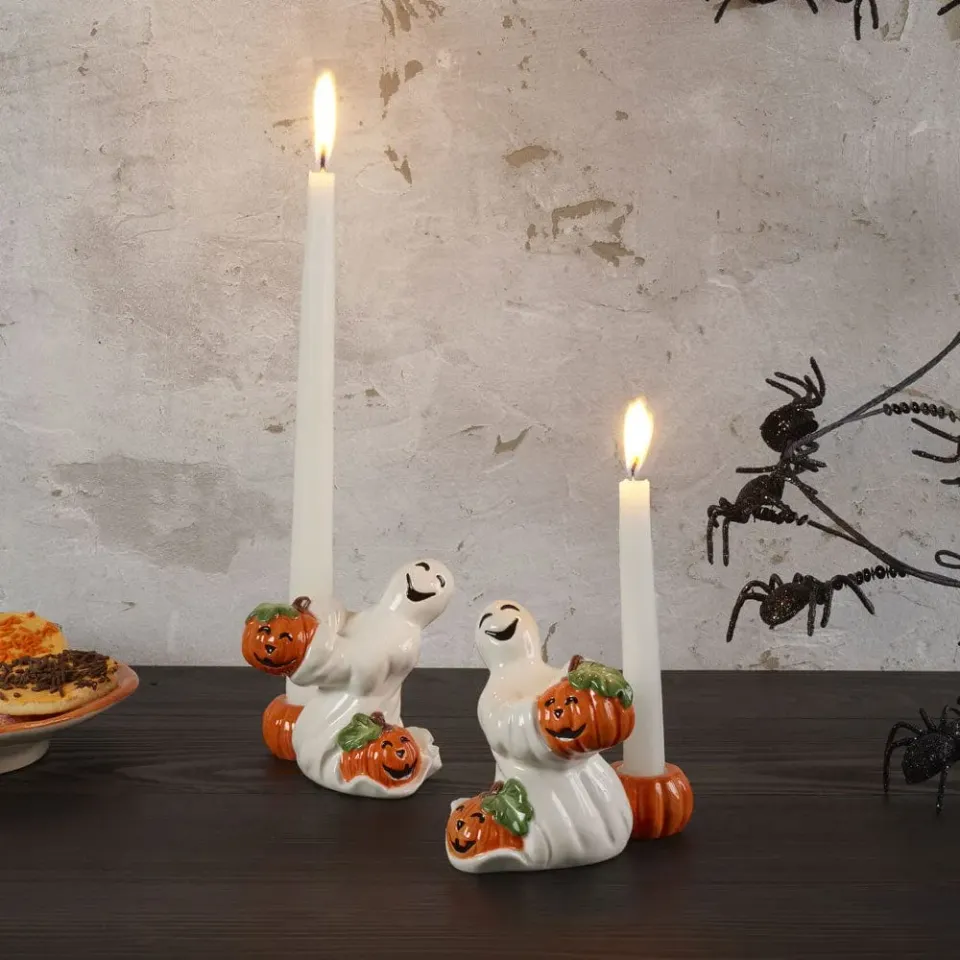 Fitz and Floyd Halloween Pumpkin Ghost Portacandele Set 2 Pezzi