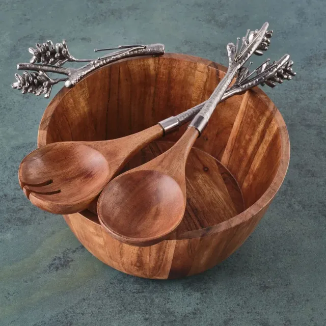 Fitz and Floyd Pinecone ciotola servizio con posate legno acacia