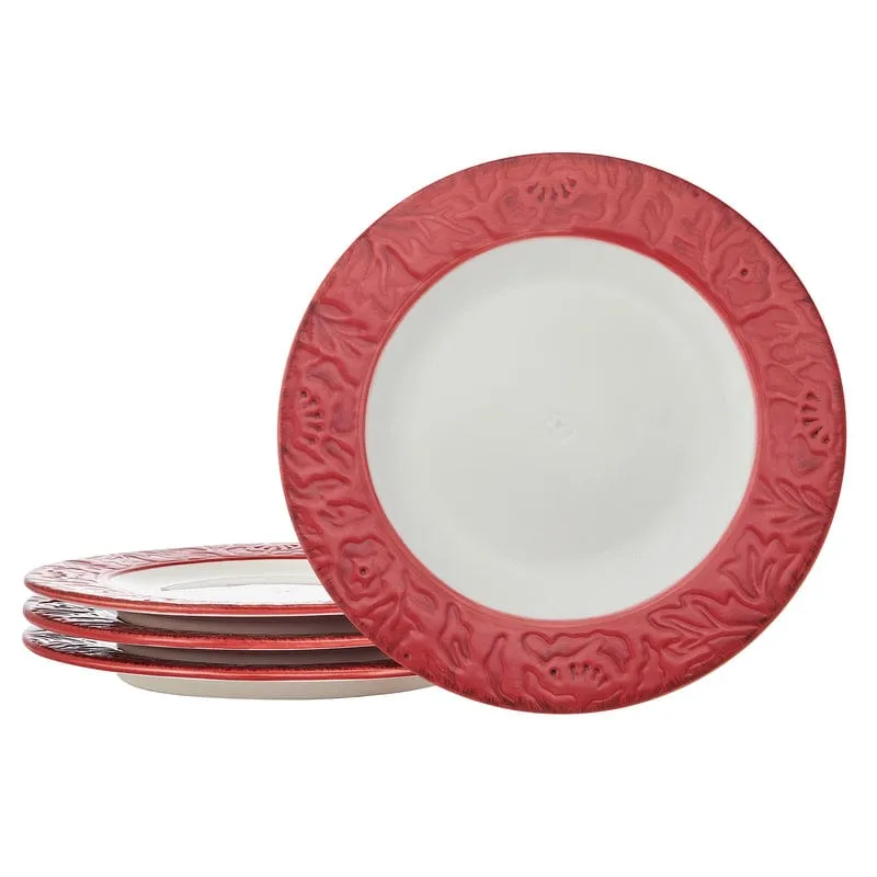 Fitz and Floyd Poinsettia Holiday set 4 piatti piani rossi stoneware