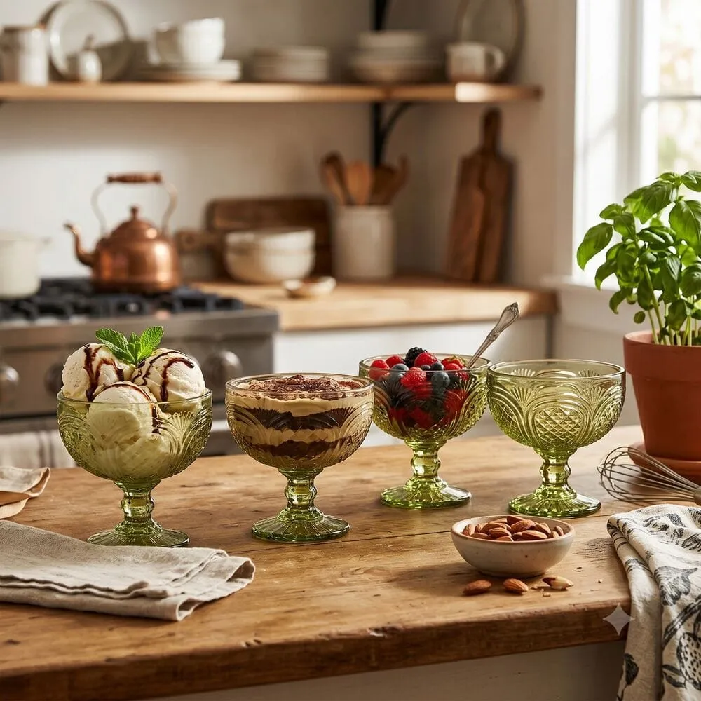 Fitz and Floyd Sicily Green coppe dessert vetro verde set 4