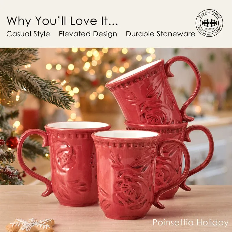 Fitz and Floyd Poinsettia tazze gres rosse set 4