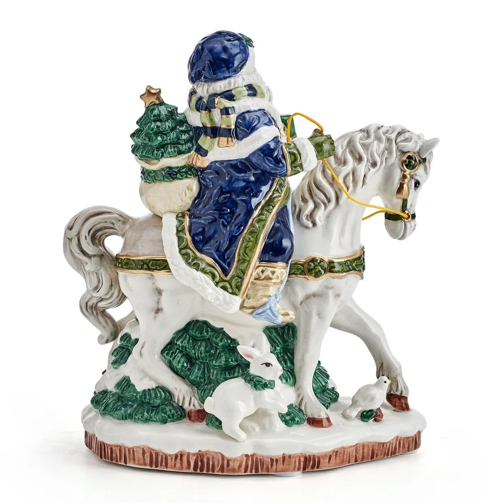 Fitz and Floyd Holiday Musical statuetta Santa a cavallo blu