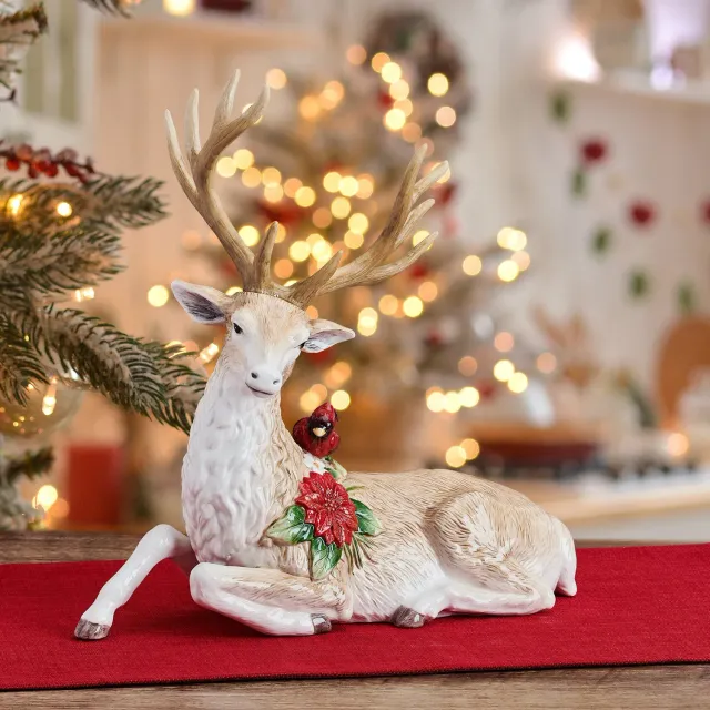 Fitz and Floyd Poinsettia Holiday cervo sdraiato statuetta marrone
