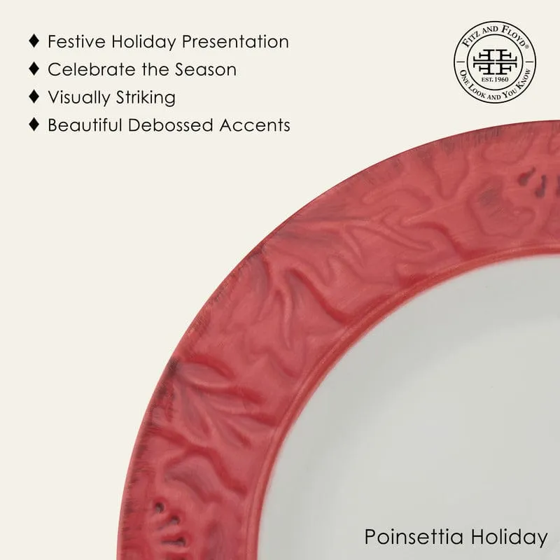 Fitz and Floyd Poinsettia Holiday set 4 piatti piani rossi stoneware