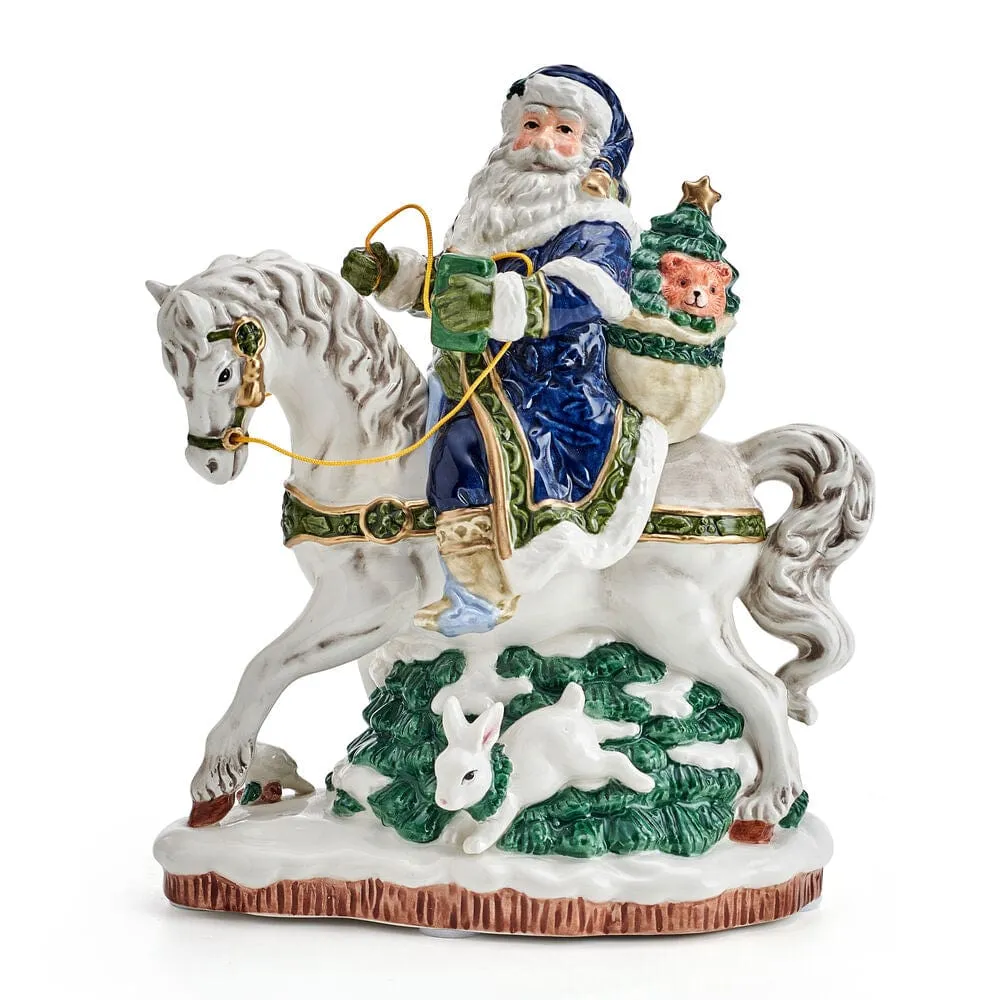 Fitz and Floyd Holiday Musical statuetta Santa a cavallo blu