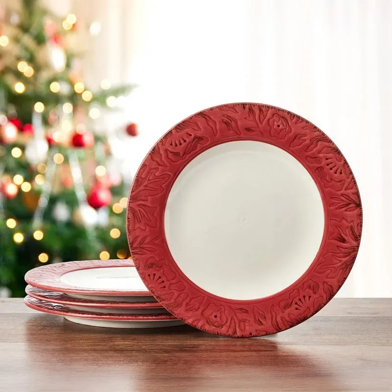 Fitz and Floyd Poinsettia Holiday set 4 piatti piani rossi stoneware