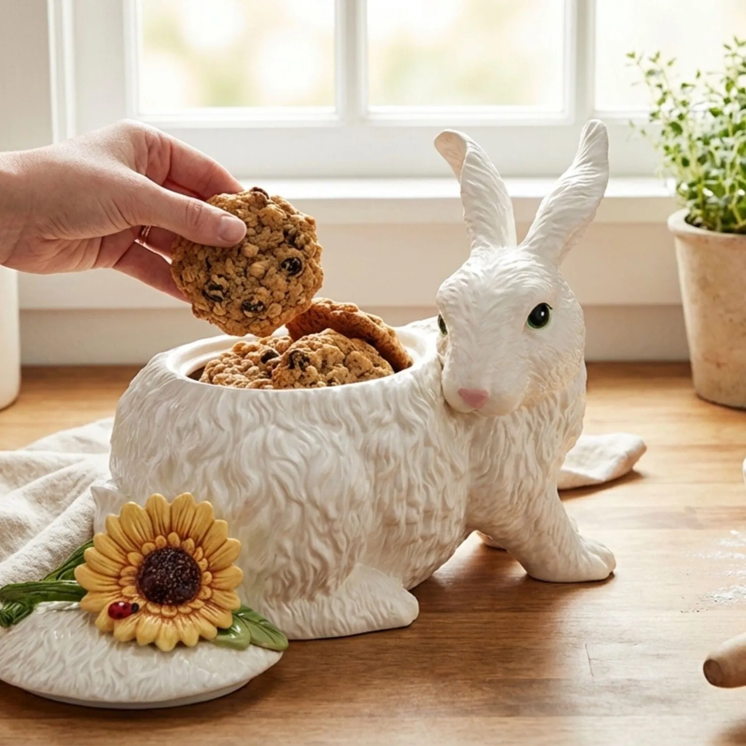 Fitz and Floyd Sunflower Rabbit biscottiera coniglio terracotta