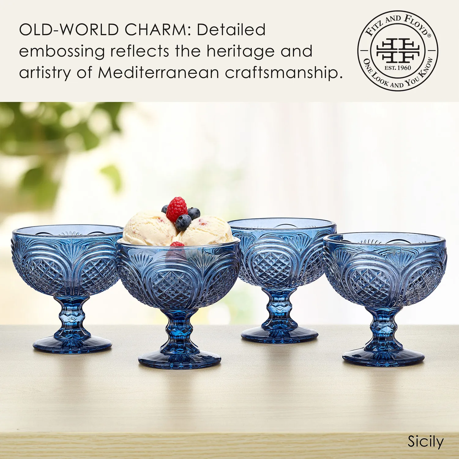 Fitz and Floyd Sicily Blue set 4 ciotole dessert in vetro blu