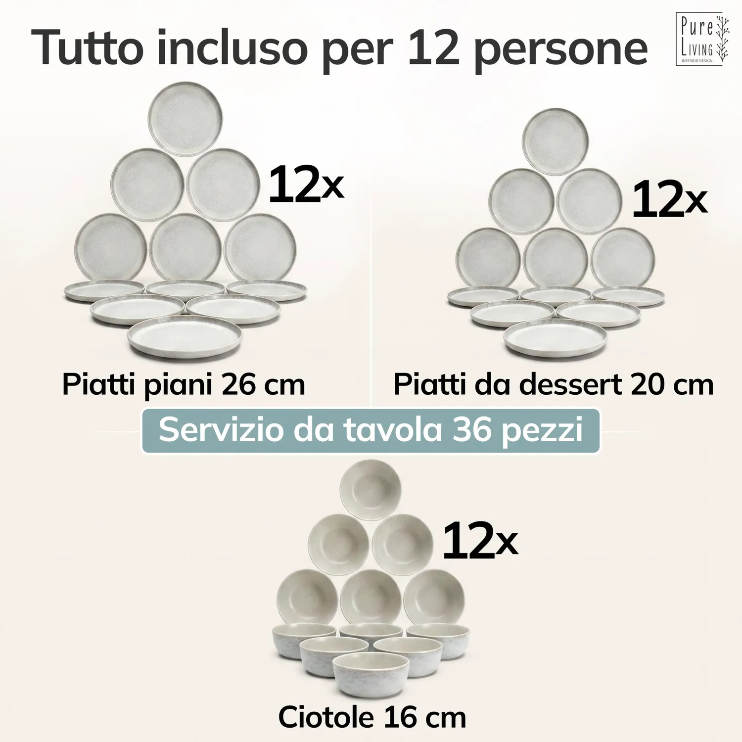 Pure Living Ibiza Light Servizio Piatti 18 Pezzi Beige 6 Persone