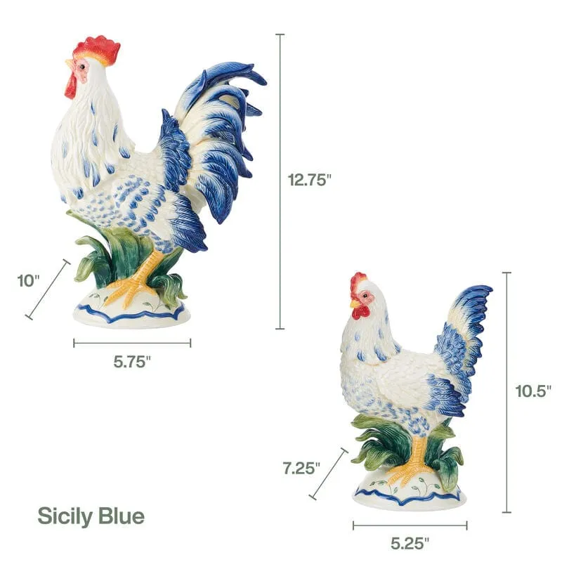 Fitz and Floyd Sicily Blue Gallo e Gallina Statuine Set 2 Blu