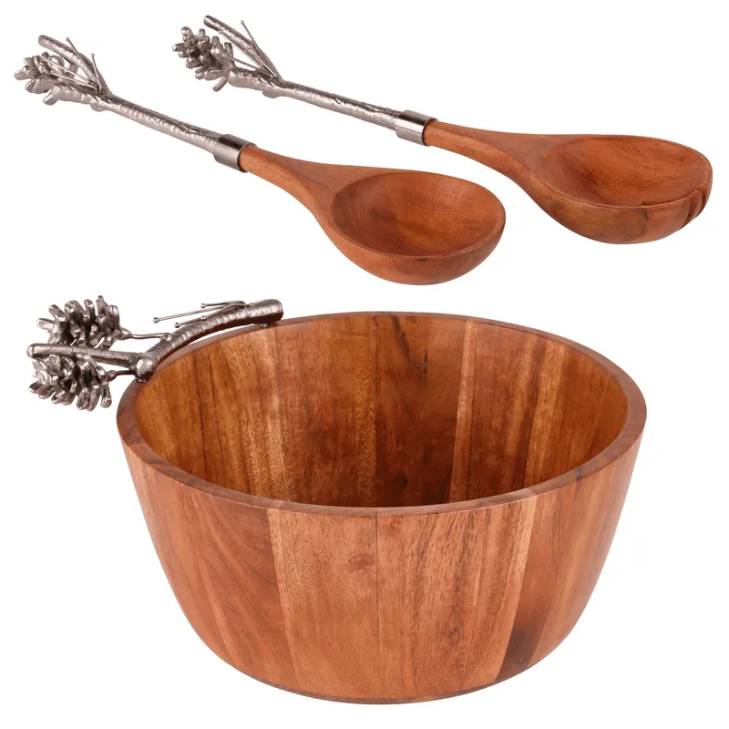 Fitz and Floyd Pinecone ciotola servizio con posate legno acacia