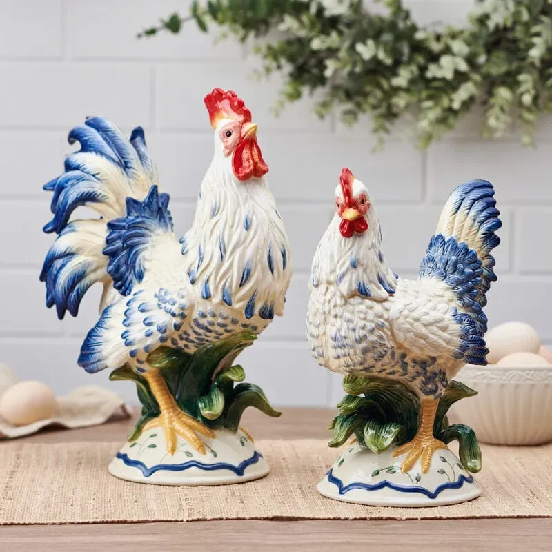 Fitz and Floyd Sicily Blue Gallo e Gallina Statuine Set 2 Blu