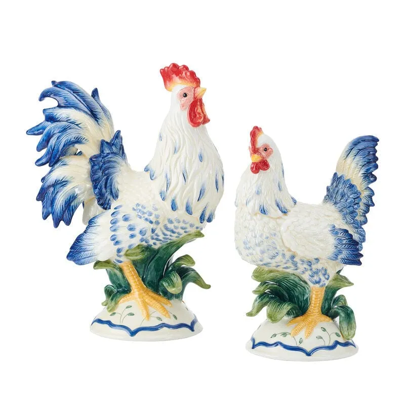 Fitz and Floyd Sicily Blue Gallo e Gallina Statuine Set 2 Blu